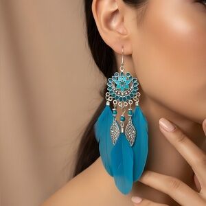 Silver and Blue Feather Earrings